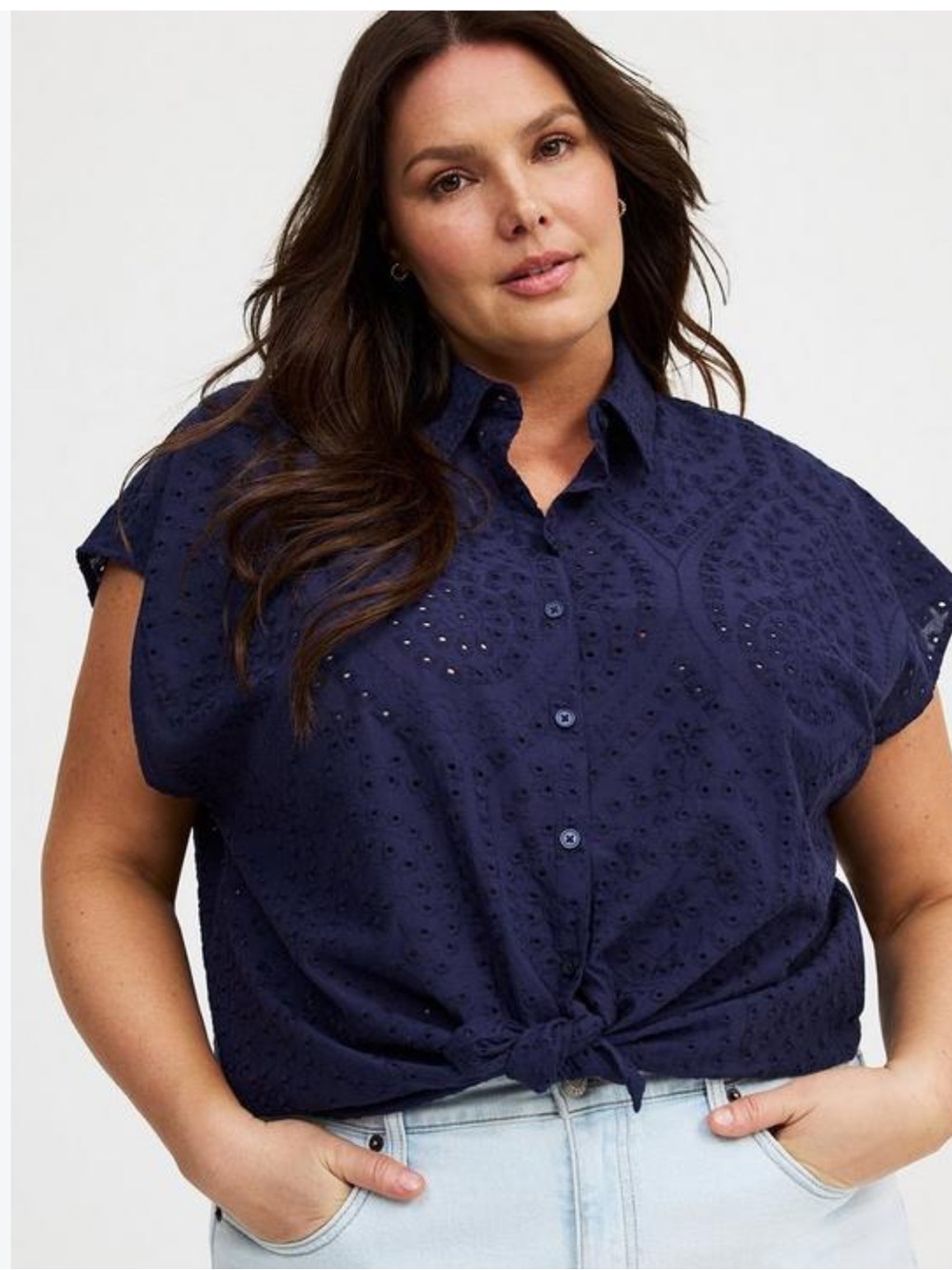 torrid Navy Eyelet Button-Front Tie-Hem Blouse